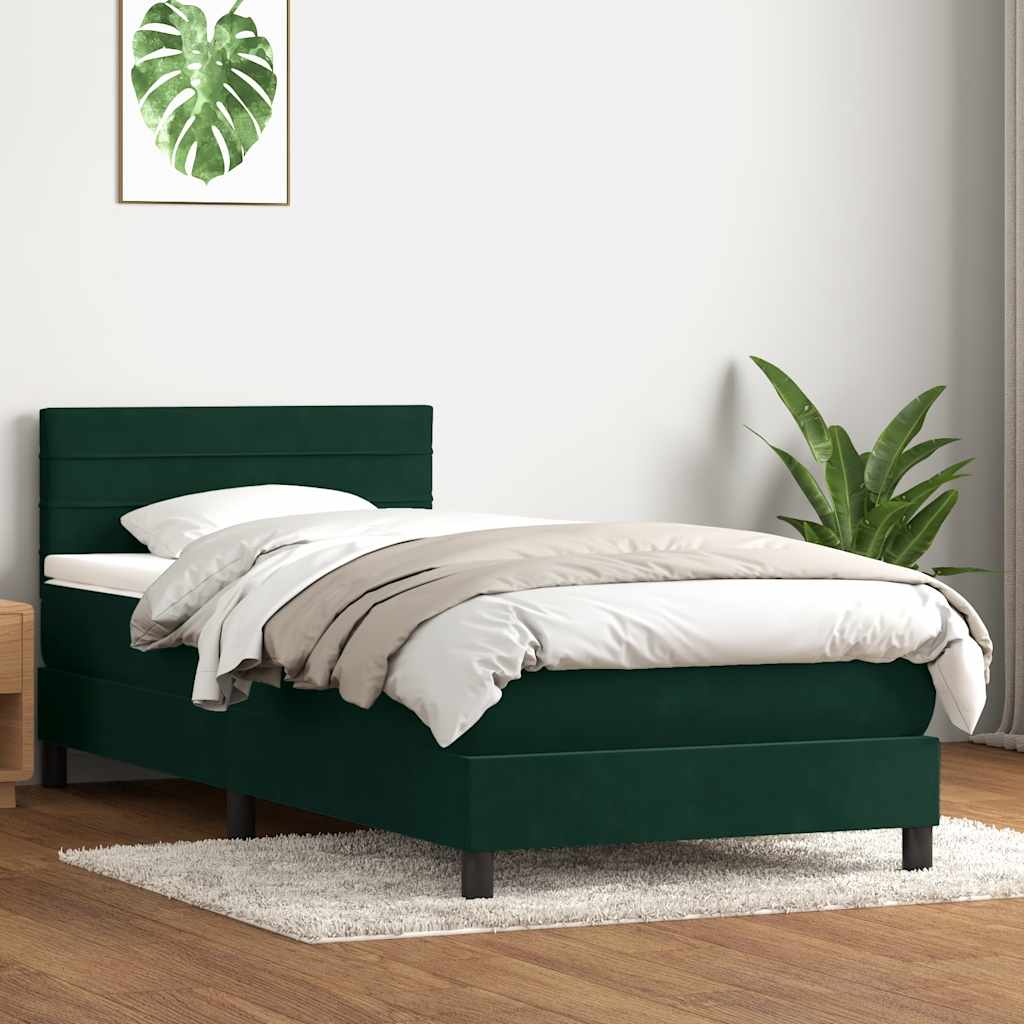 vidaXL Κρεβάτι Boxspring με Στρώμα & LED σκούρο πράσινο 80x220εκ. Βελούδινο