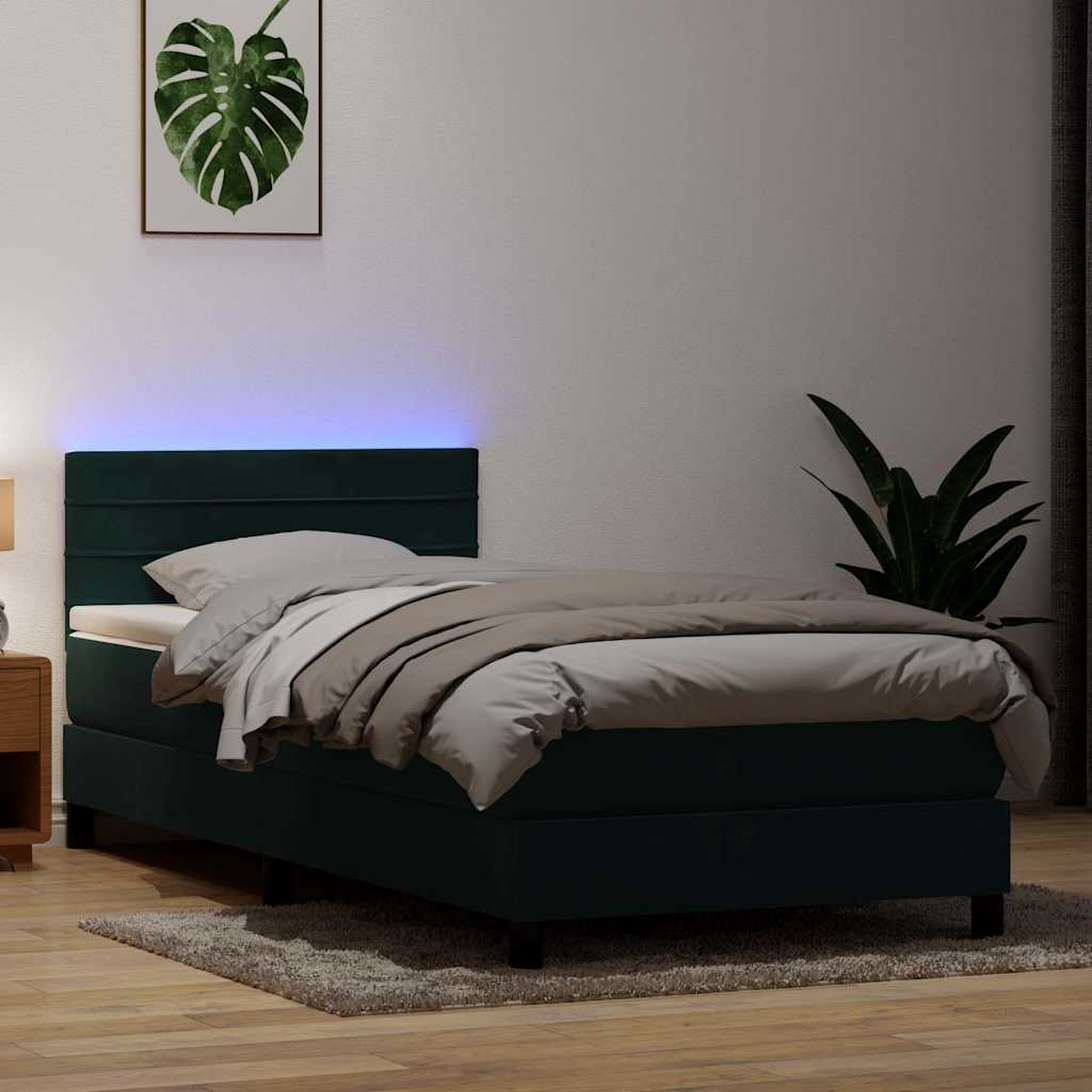 vidaXL Κρεβάτι Boxspring με Στρώμα & LED σκούρο πράσινο 80x220εκ. Βελούδινο
