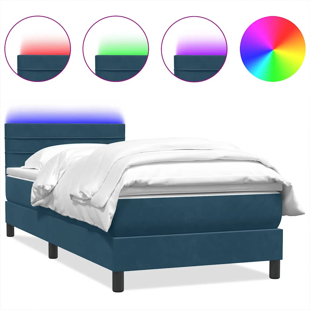vidaXL Κρεβάτι Boxspring με Στρώμα & LED Σκούρο Μπλε 80x220 εκ. Βελούδινο