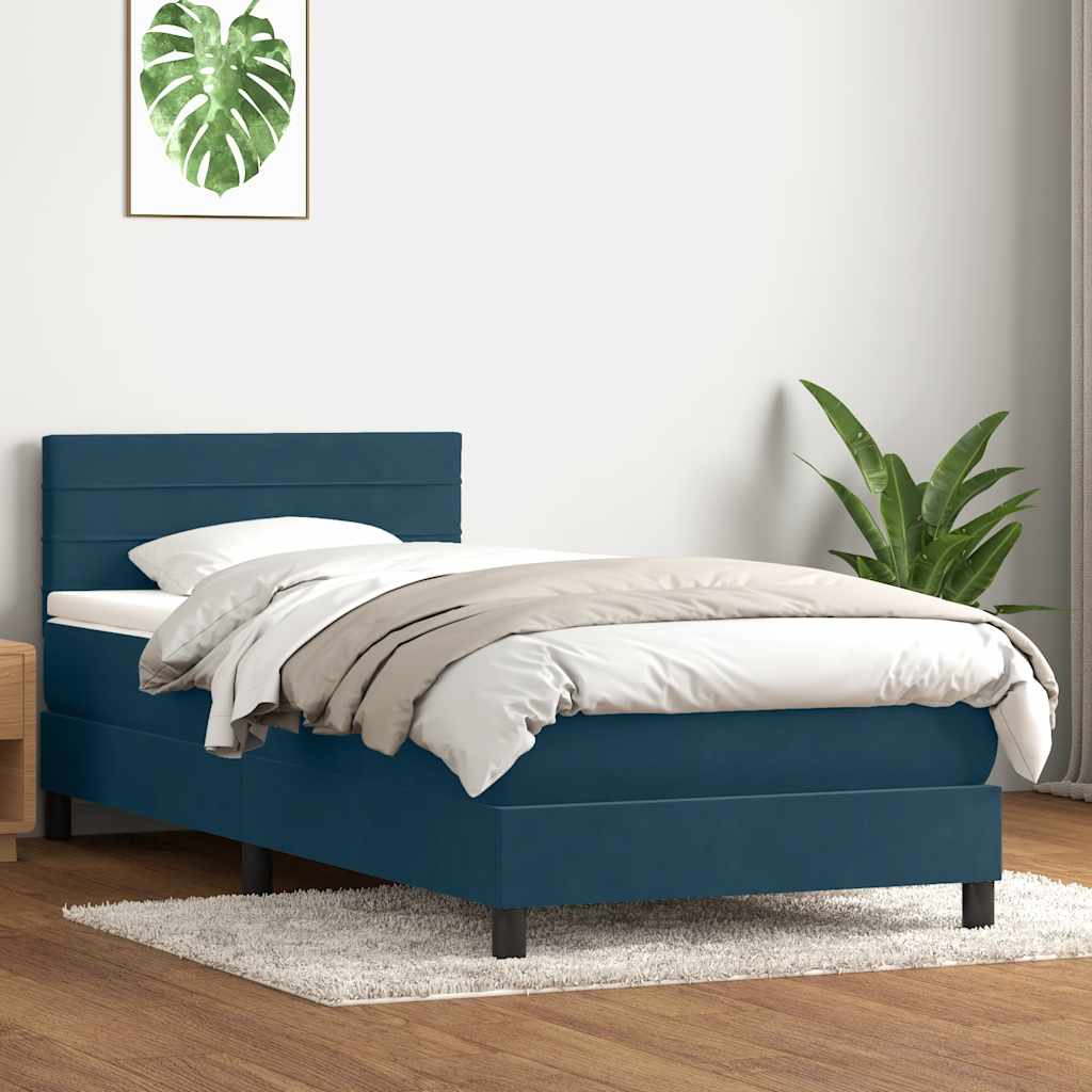 vidaXL Κρεβάτι Boxspring με Στρώμα & LED Σκούρο Μπλε 80x220 εκ. Βελούδινο