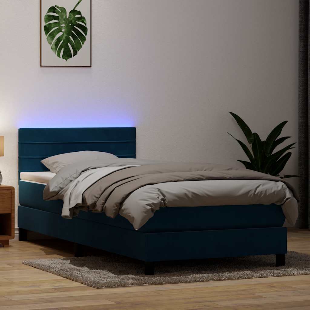 vidaXL Κρεβάτι Boxspring με Στρώμα & LED Σκούρο Μπλε 80x220 εκ. Βελούδινο
