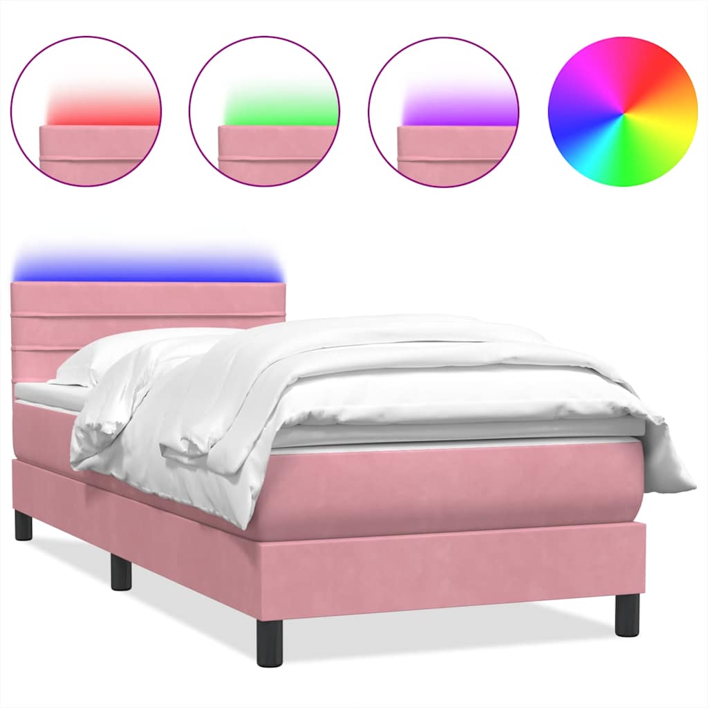 vidaXL Κρεβάτι Boxspring με Στρώμα & LED Ροζ 80x220 εκ. Βελούδινο