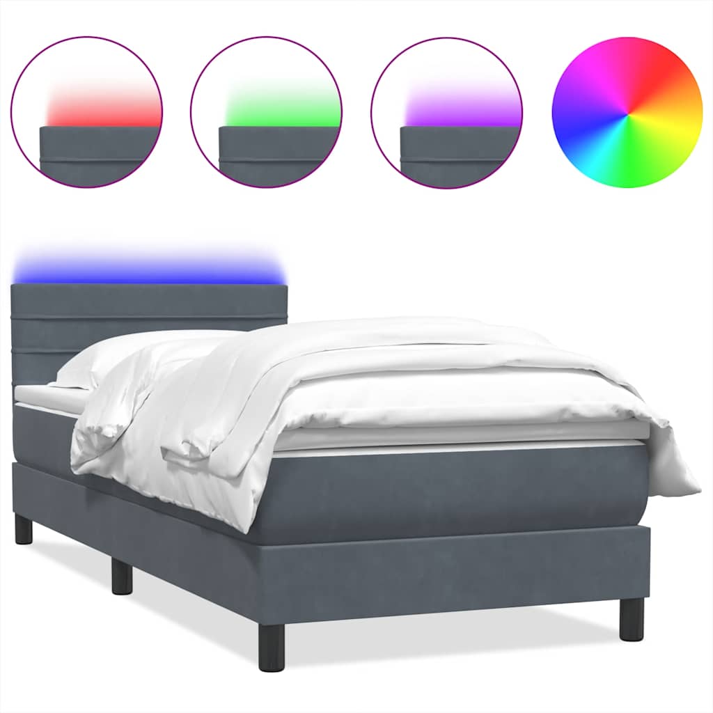 vidaXL Κρεβάτι Boxspring με Στρώμα & LED Σκούρο Γκρι 90x220 εκ. Βελούδινο