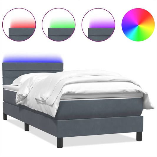 vidaXL Κρεβάτι Boxspring με Στρώμα & LED Σκούρο Γκρι 90x220 εκ. Βελούδινο