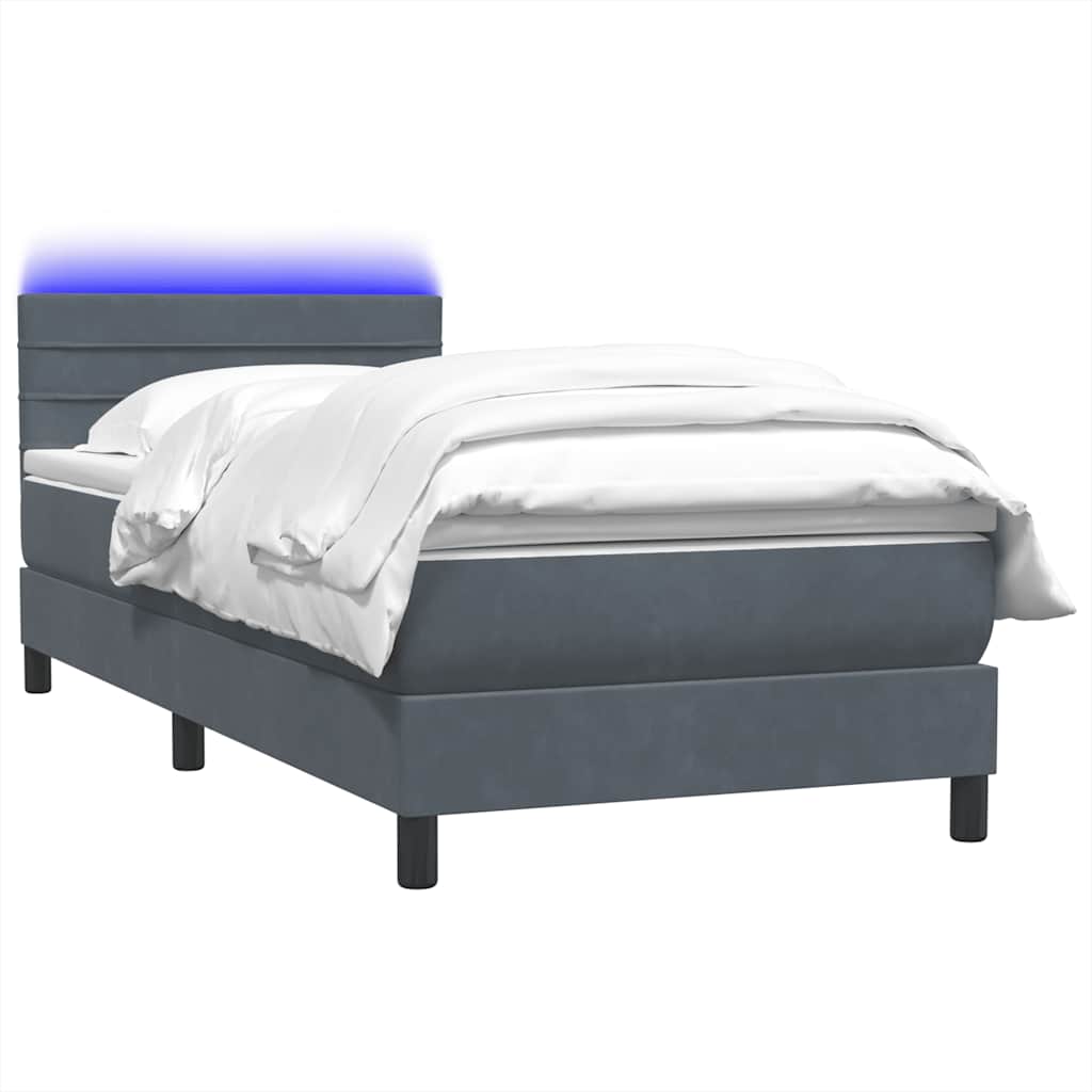 vidaXL Κρεβάτι Boxspring με Στρώμα & LED Σκούρο Γκρι 90x220 εκ. Βελούδινο