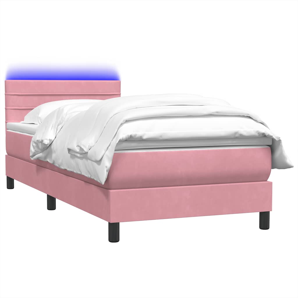vidaXL Κρεβάτι Boxspring με Στρώμα & LED Ροζ 90x220 εκ. Βελούδινο