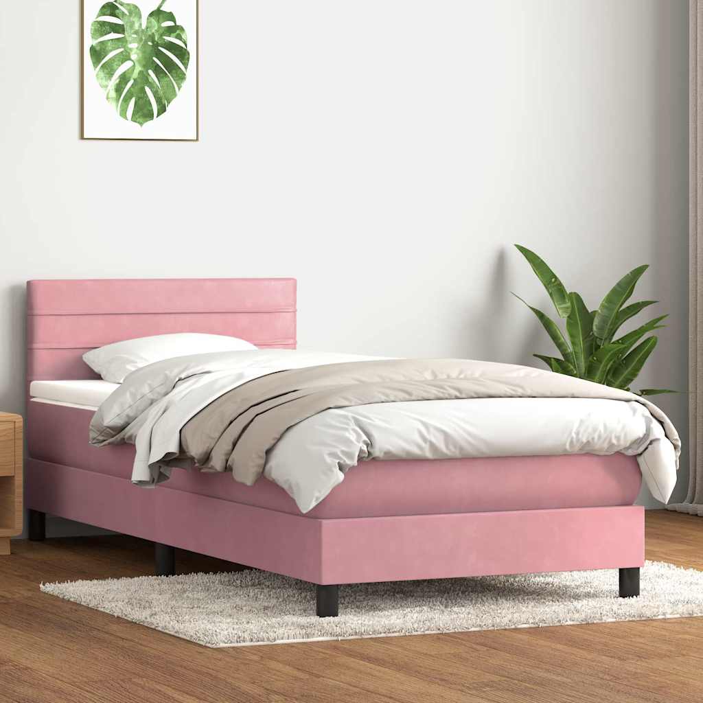 vidaXL Κρεβάτι Boxspring με Στρώμα & LED Ροζ 90x220 εκ. Βελούδινο