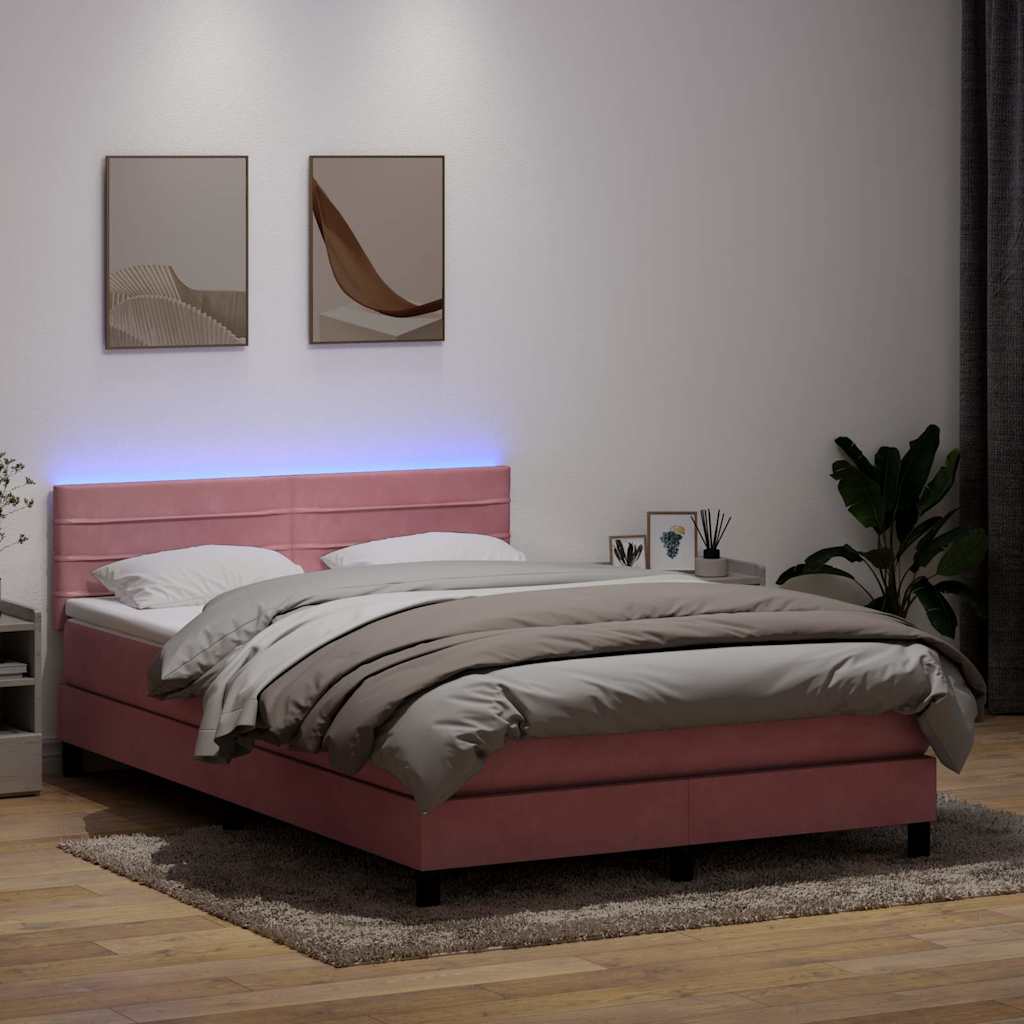 vidaXL Κρεβάτι Boxspring με Στρώμα & LED ροζ 140x220 cm Βελούδινο