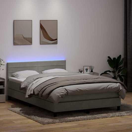 vidaXL Κρεβάτι Boxspring με Στρώμα & LED Ανοιχτό Γκρι 160x220 εκ. Βελούδινο
