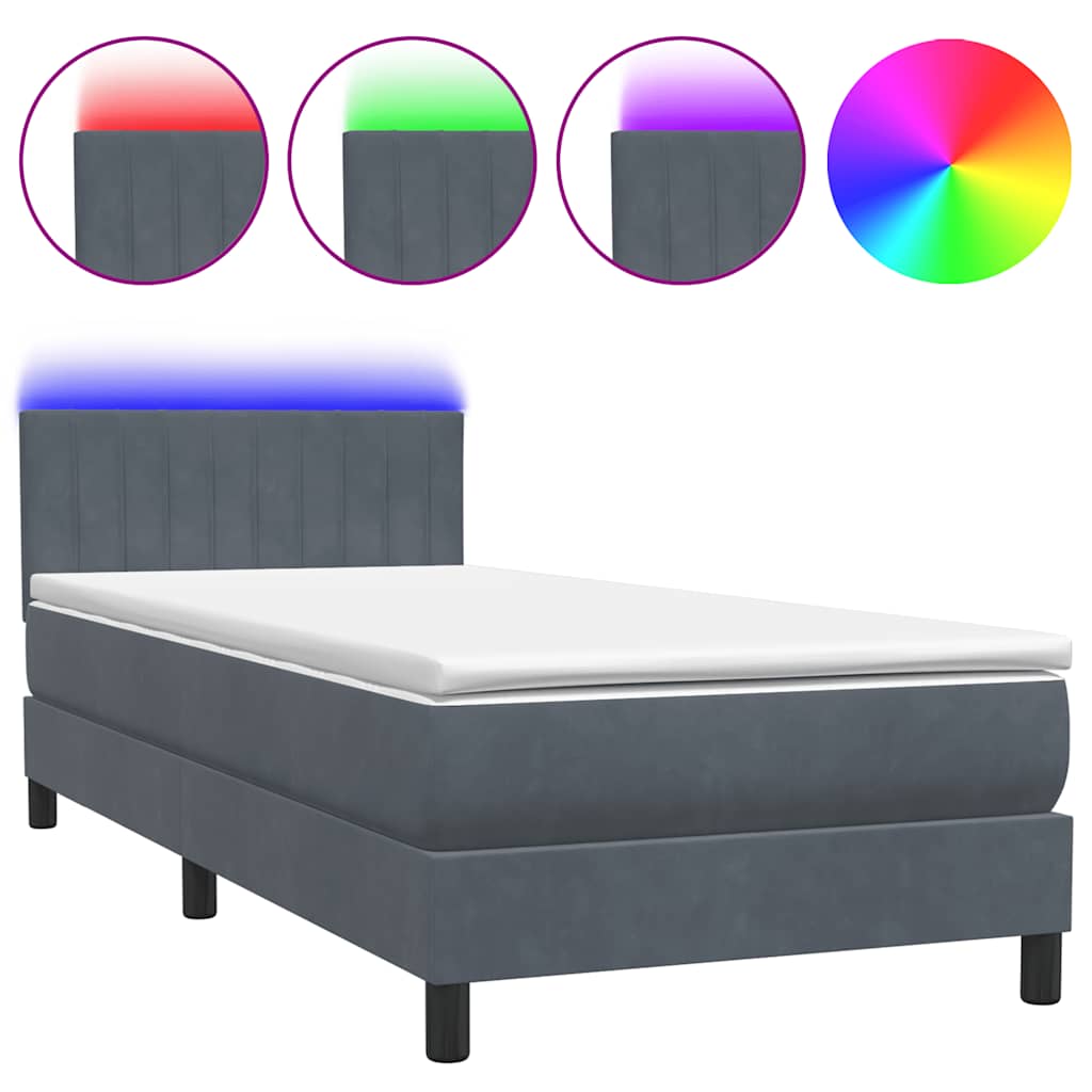 vidaXL Κρεβάτι Boxspring με Στρώμα & LED Σκούρο γκρι 80x210 εκ. Βελούδινο