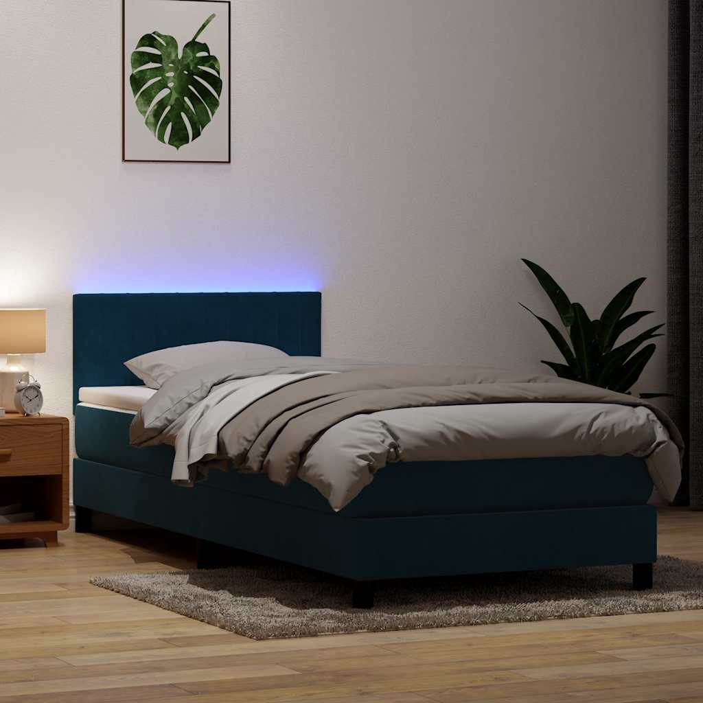 vidaXL Κρεβάτι Boxspring με Στρώμα & LED σκούρο μπλε 80x210 εκ. Βελούδινο