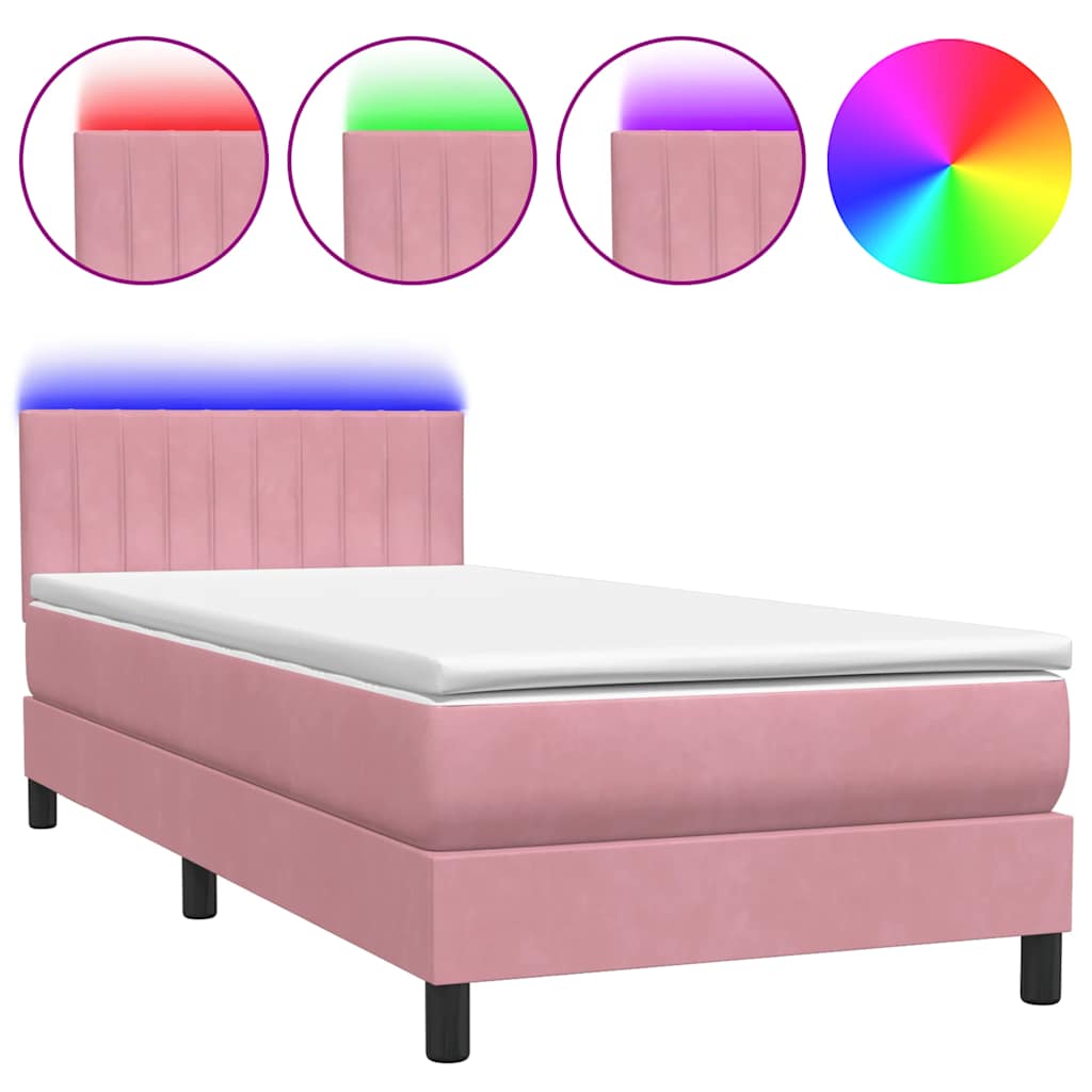 vidaXL Κρεβάτι Boxspring με Στρώμα & LED ροζ 90x210 εκ. Βελούδινο