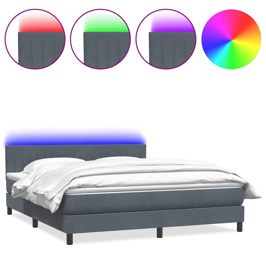 vidaXL Κρεβάτι Boxspring με Στρώμα & LED Σκούρο Γκρι 180x210 εκ. Βελούδινο