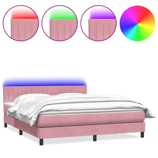 vidaXL Κρεβάτι Boxspring με Στρώμα & LED Ροζ 180x210 εκ. Βελούδινο