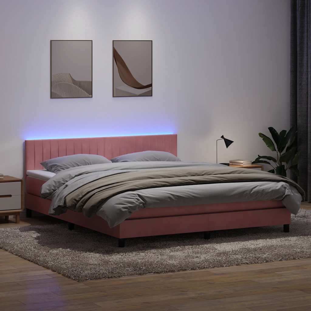 vidaXL Κρεβάτι Boxspring με Στρώμα & LED Ροζ 180x210 εκ. Βελούδινο