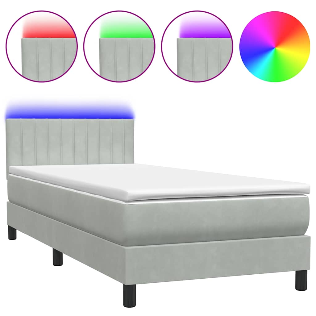 vidaXL Κρεβάτι Boxspring με Στρώμα & LED ανοιχτό γκρι 80x220 cm Βελούδινο