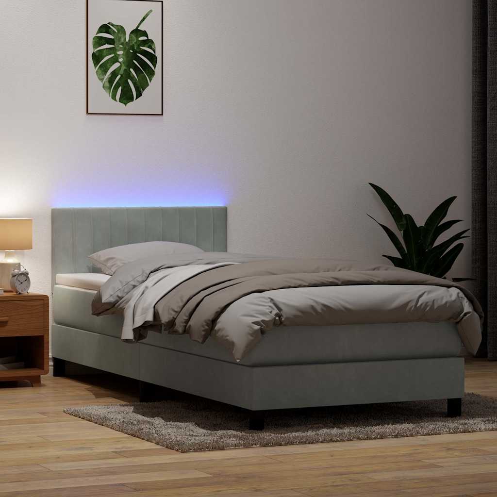 vidaXL Κρεβάτι Boxspring με Στρώμα & LED ανοιχτό γκρι 80x220 cm Βελούδινο