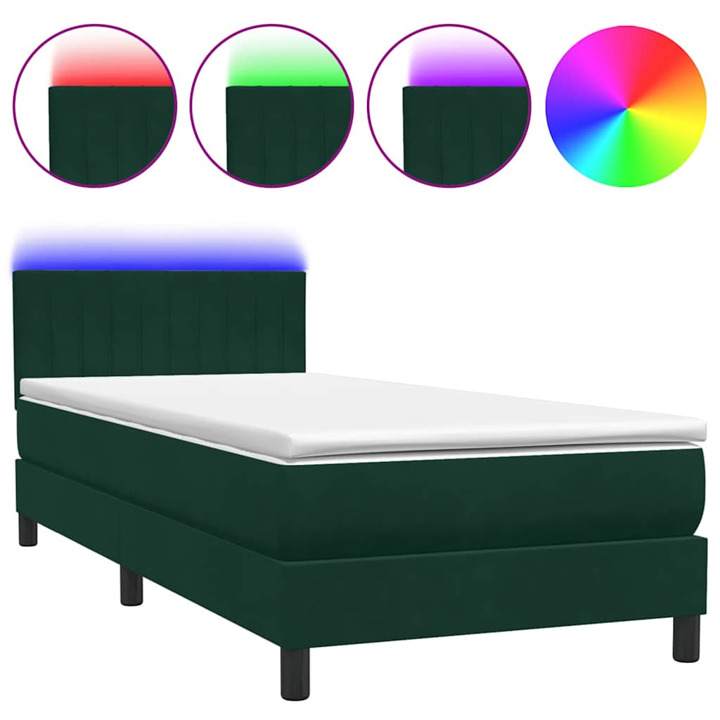 vidaXL Κρεβάτι Boxspring με Στρώμα & LED σκούρο πράσινο 80x220εκ. Βελούδινο