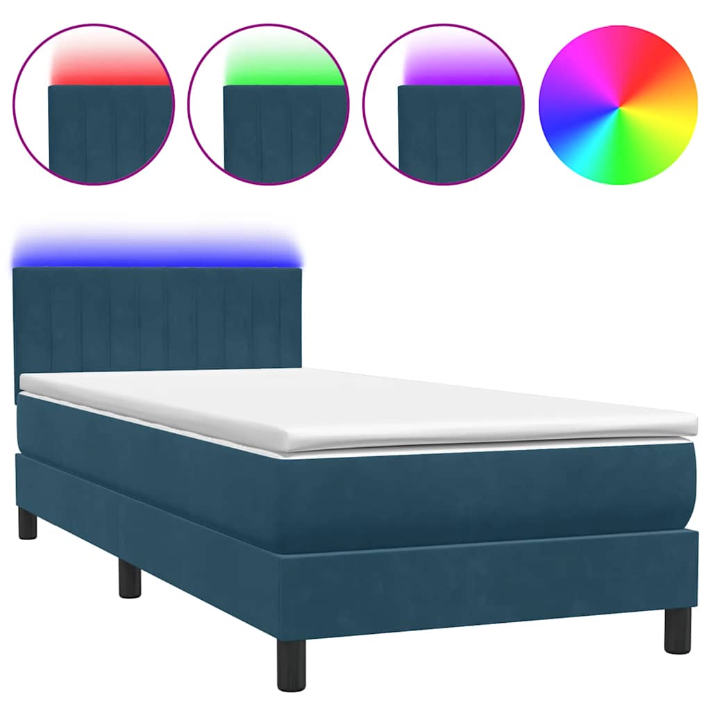 vidaXL Κρεβάτι Boxspring με Στρώμα & LED Σκούρο Μπλε 80x220 εκ. Βελούδινο