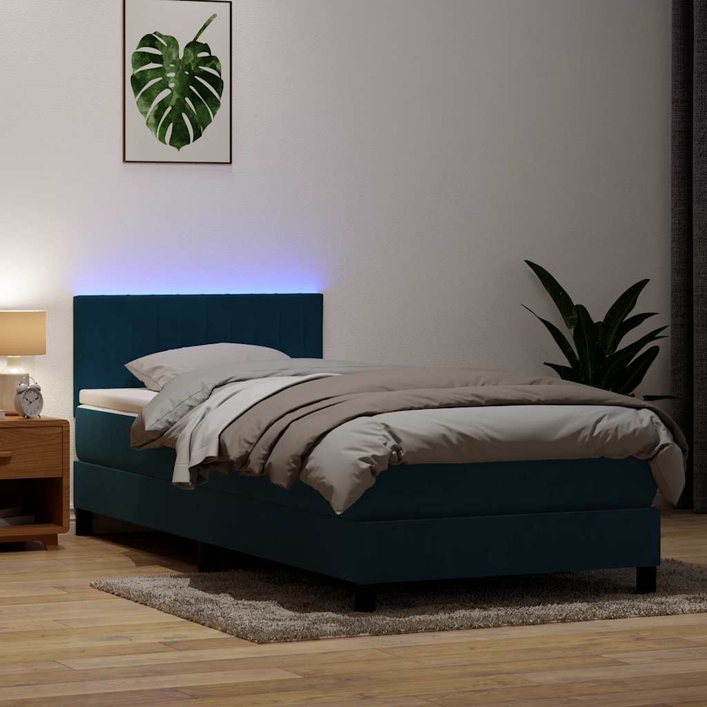 vidaXL Κρεβάτι Boxspring με Στρώμα & LED Σκούρο Μπλε 80x220 εκ. Βελούδινο