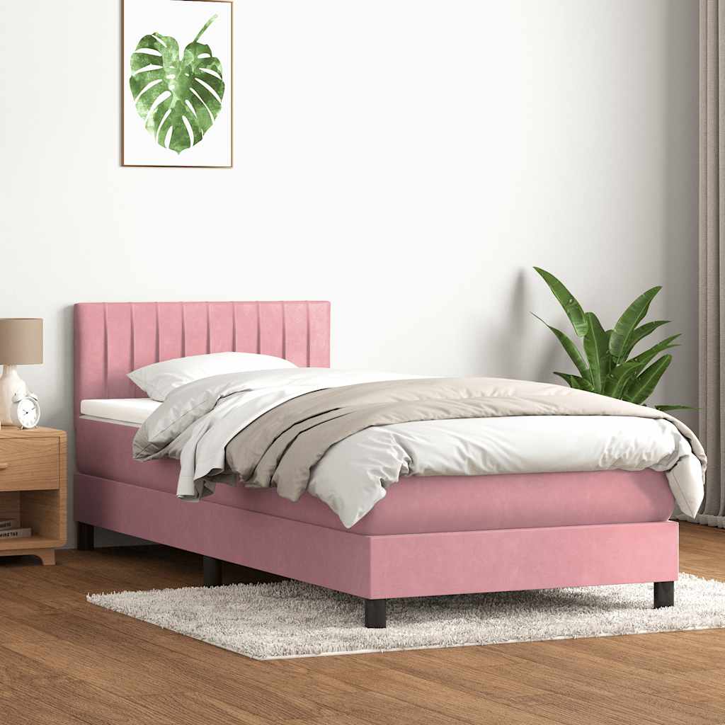 vidaXL Κρεβάτι Boxspring με Στρώμα & LED Ροζ 80x220 εκ. Βελούδινο
