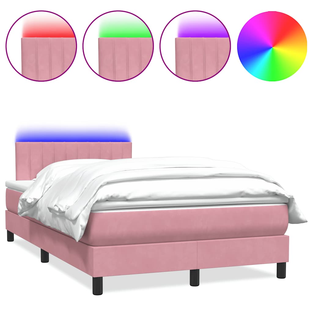 vidaXL Κρεβάτι Boxspring με Στρώμα & LED ροζ 120x220 cm Βελούδινο