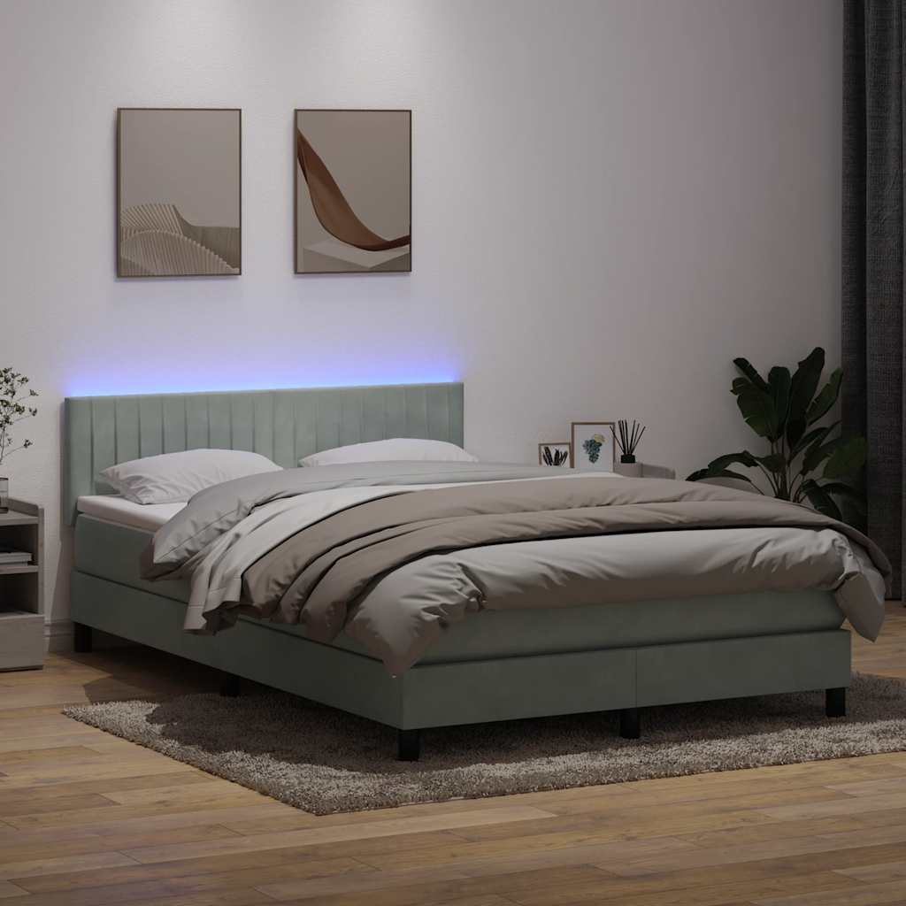 vidaXL Κρεβάτι Boxspring με Στρώμα & LED Ανοιχτό Γκρι 160x220 εκ. Βελούδινο