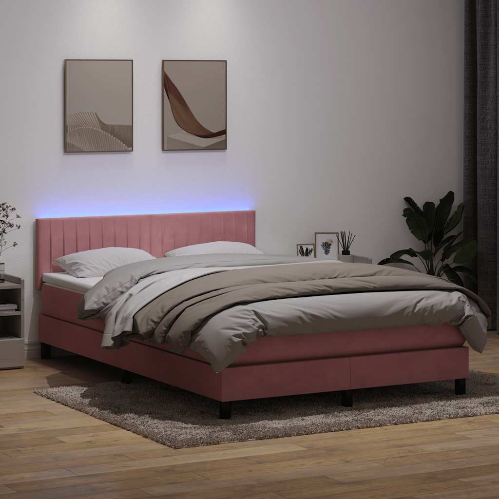 vidaXL Κρεβάτι Boxspring με Στρώμα & LED ροζ 160x220 cm Βελούδινο