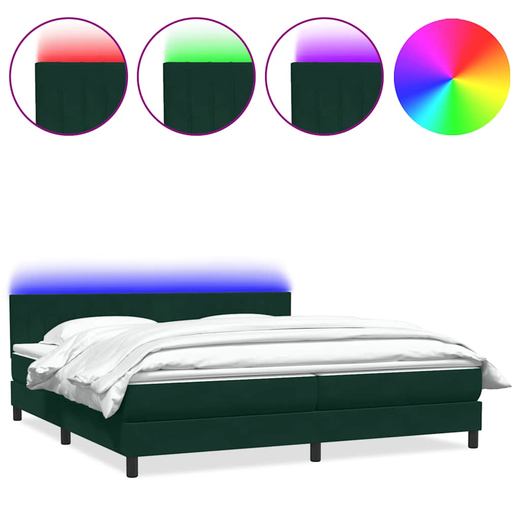 vidaXL Κρεβάτι Boxspring με Στρώμα & LED σκούρο πράσινο 180x220cm Βελούδινο
