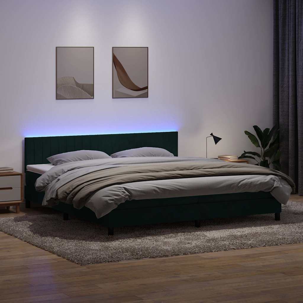 vidaXL Κρεβάτι Boxspring με Στρώμα & LED σκούρο πράσινο 180x220cm Βελούδινο