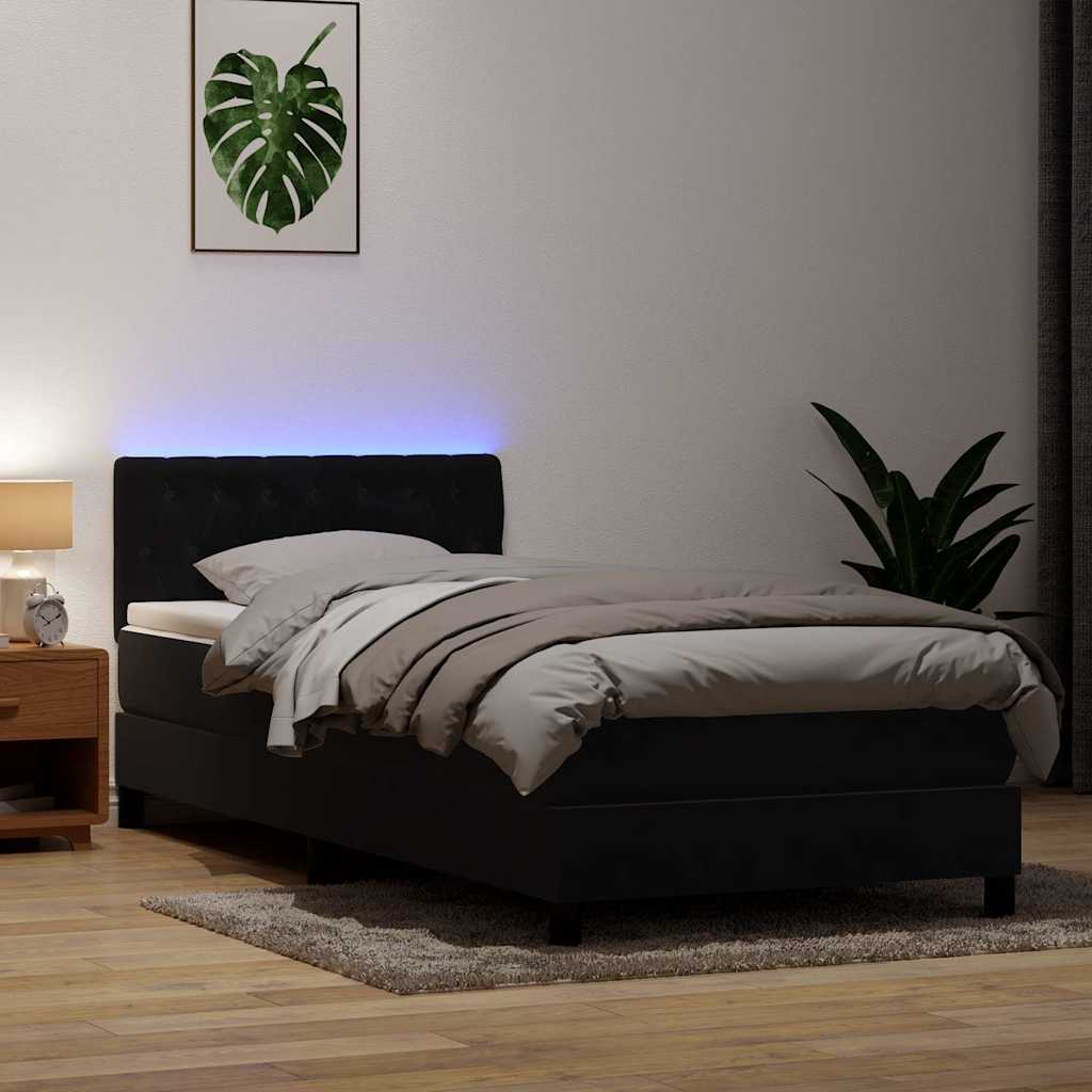 vidaXL Κρεβάτι Boxspring με Στρώμα & LED Μαύρο 90x210 εκ. Βελούδινο