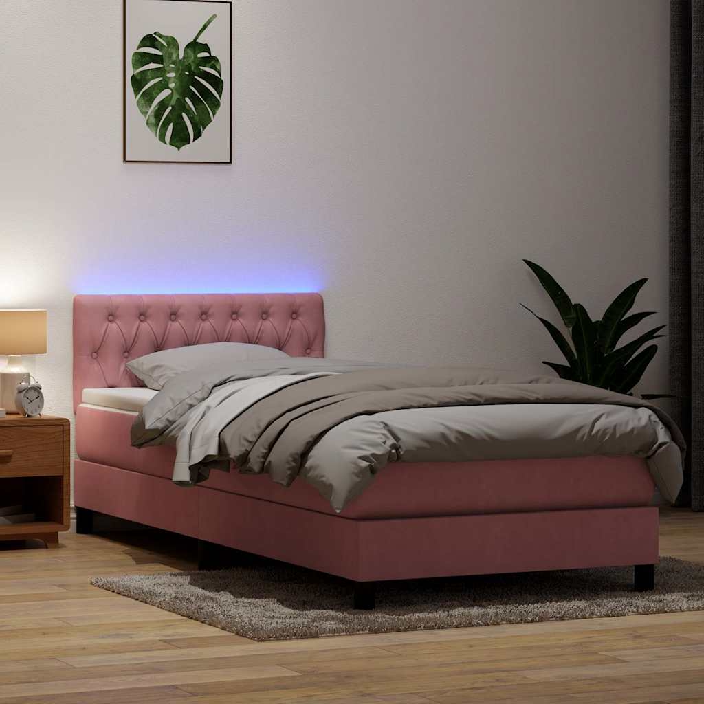 vidaXL Κρεβάτι Boxspring με Στρώμα & LED ροζ 90x210 εκ. Βελούδινο