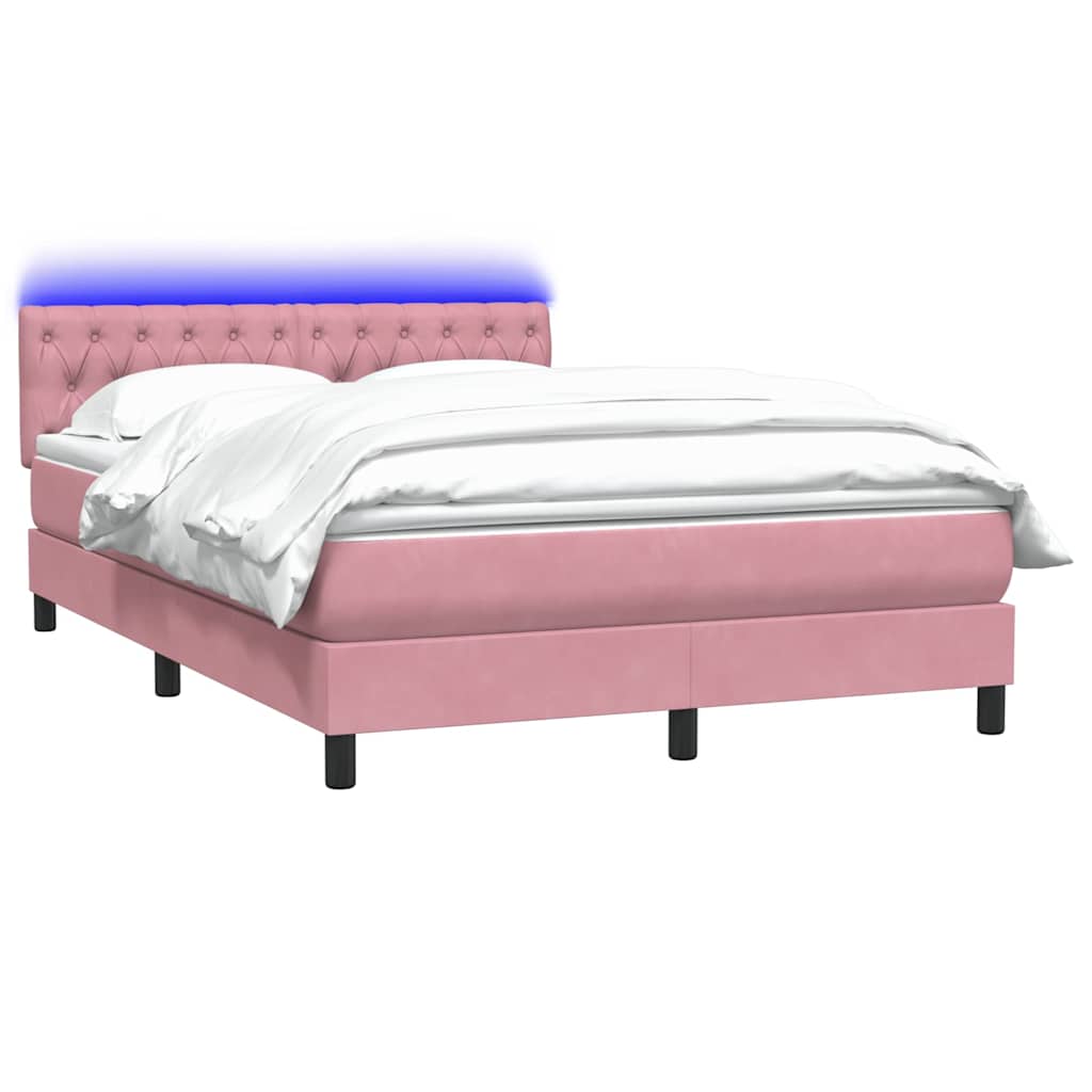 vidaXL Κρεβάτι Boxspring με Στρώμα & LED Ροζ 140x210 εκ. Βελούδινο