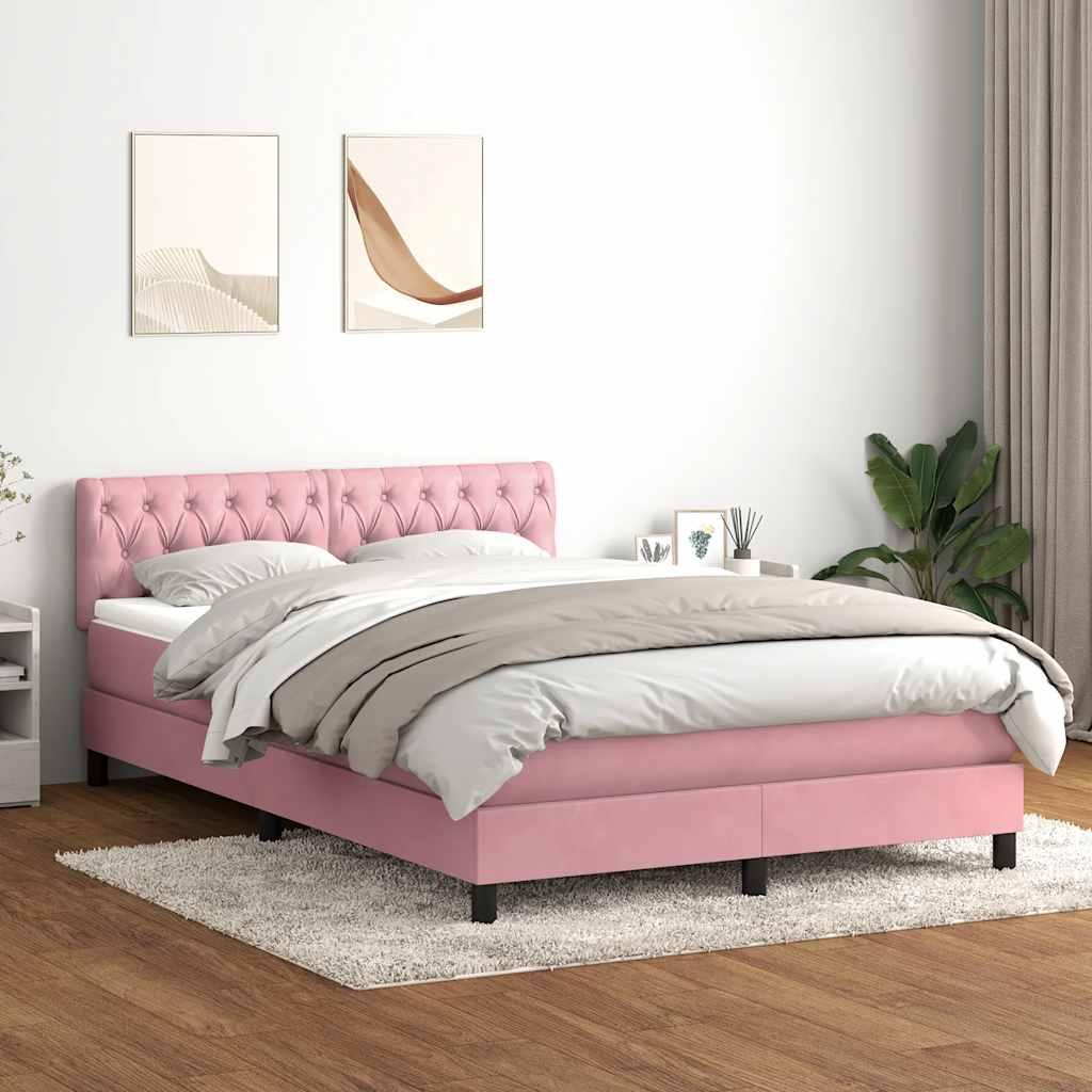 vidaXL Κρεβάτι Boxspring με Στρώμα & LED Ροζ 140x210 εκ. Βελούδινο