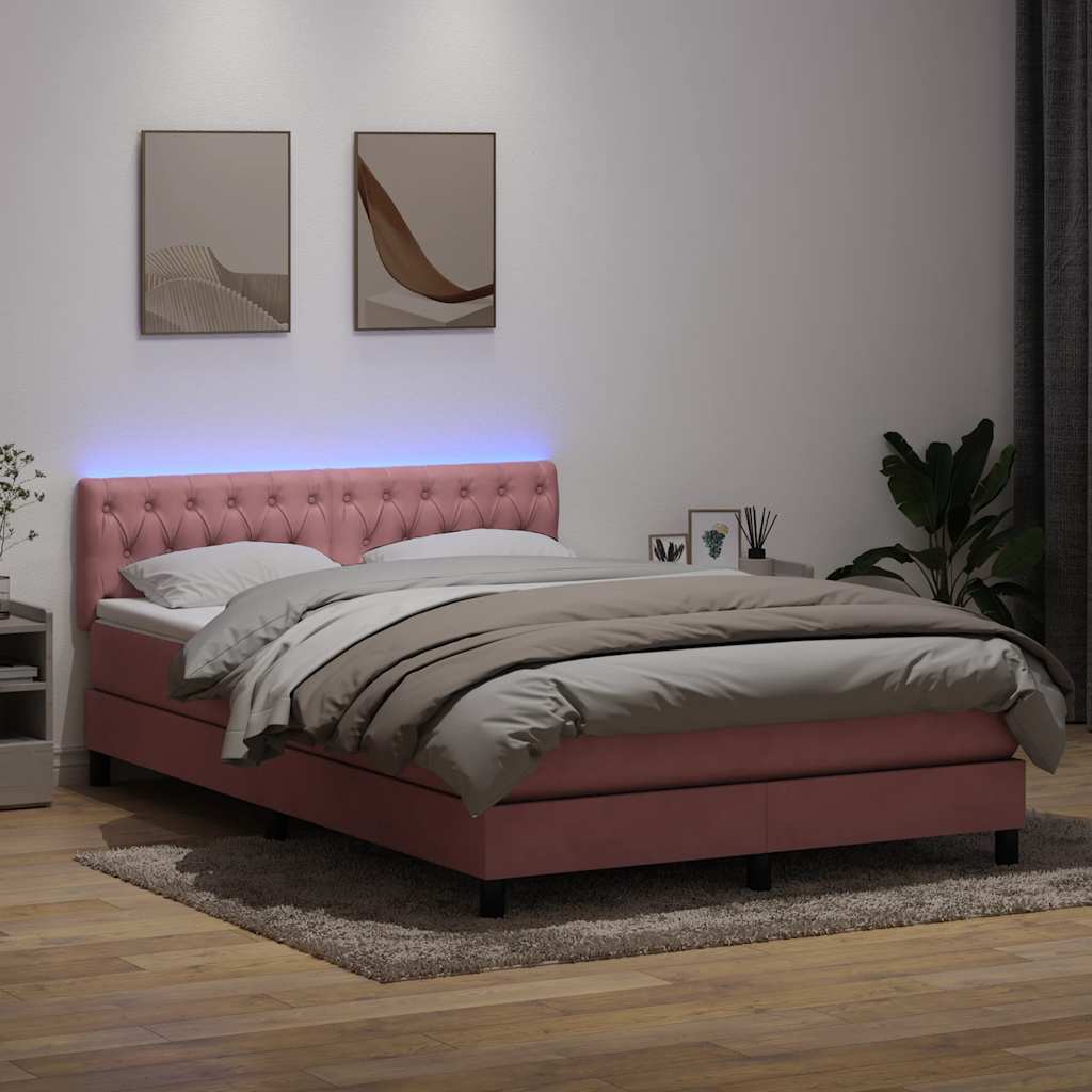 vidaXL Κρεβάτι Boxspring με Στρώμα & LED Ροζ 160x210 εκ. Βελούδινο