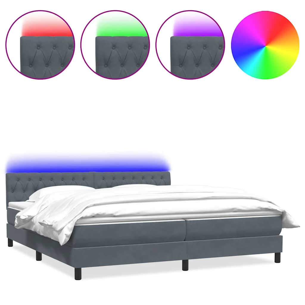 vidaXL Κρεβάτι Boxspring με Στρώμα & LED Σκούρο Γκρι 180x210 εκ. Βελούδινο