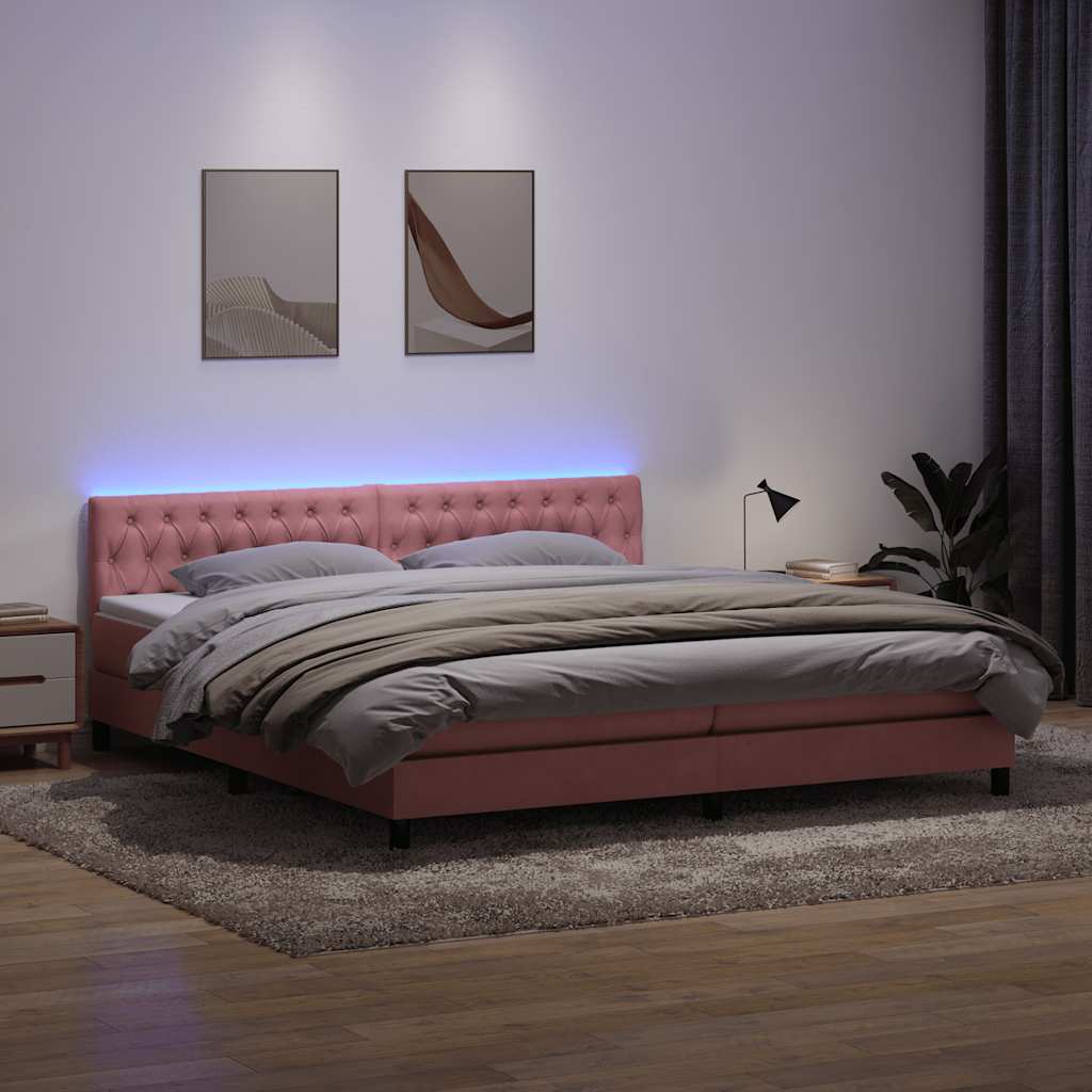 vidaXL Κρεβάτι Boxspring με Στρώμα & LED Ροζ 180x210 εκ. Βελούδινο