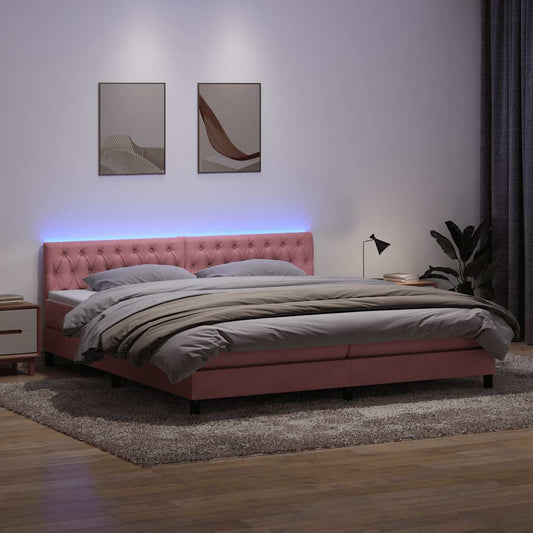 vidaXL Κρεβάτι Boxspring με Στρώμα & LED Ροζ 180x210 εκ. Βελούδινο