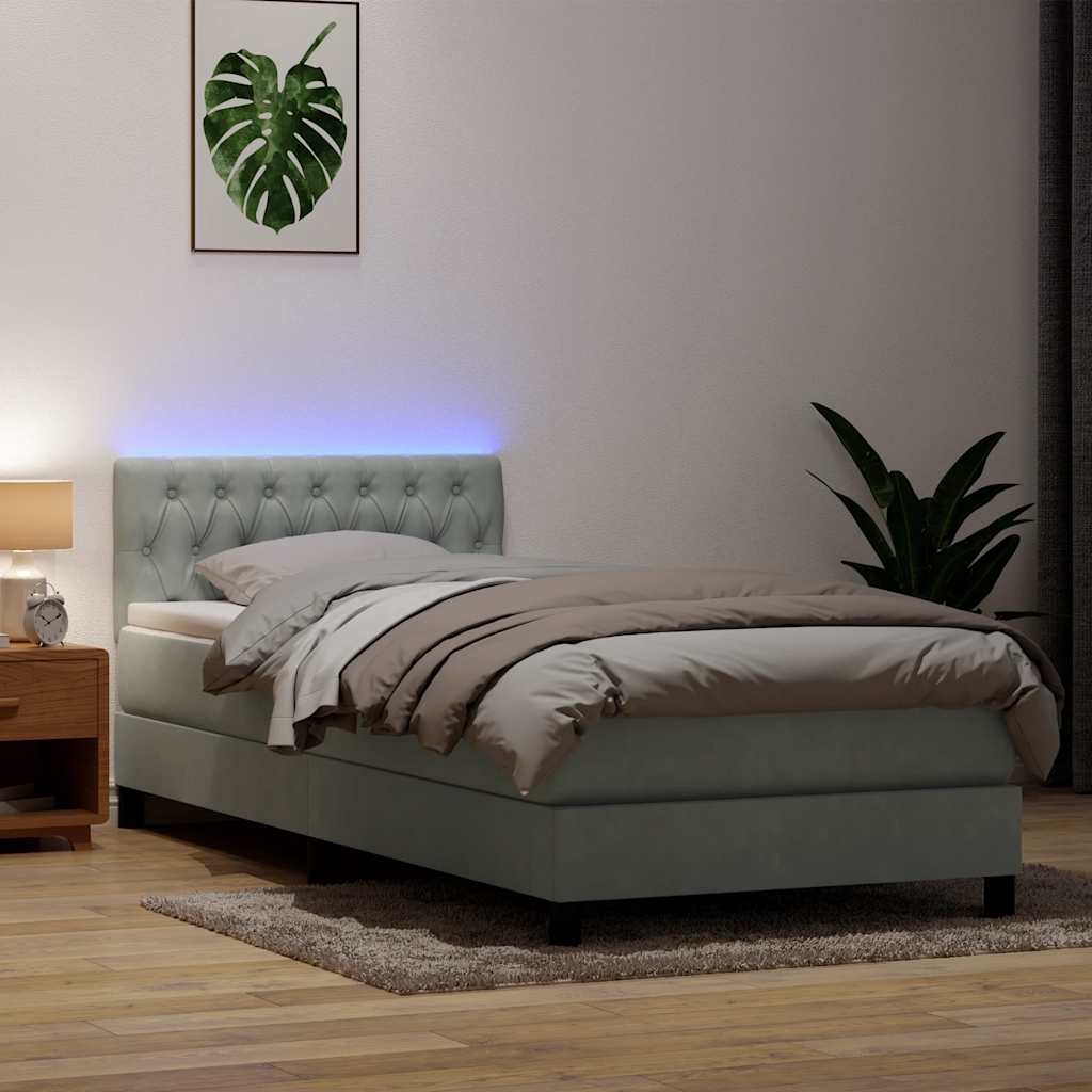 vidaXL Κρεβάτι Boxspring με Στρώμα & LED ανοιχτό γκρι 80x220 cm Βελούδινο