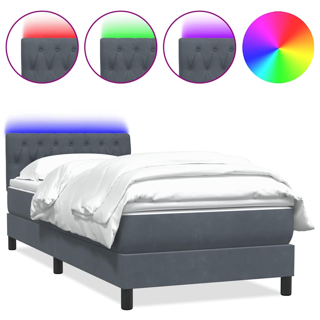 vidaXL Κρεβάτι Boxspring με Στρώμα & LED Σκούρο Γκρι 80x220 εκ. Βελούδινο