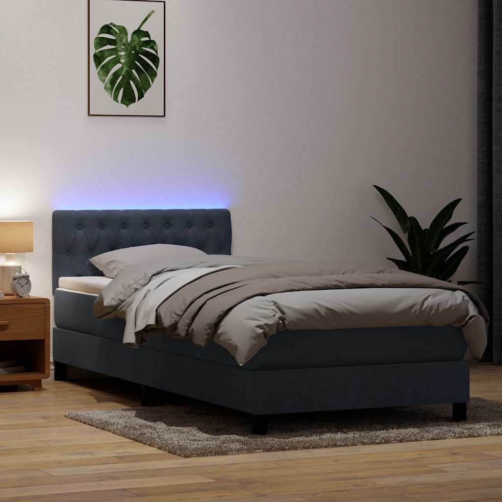 vidaXL Κρεβάτι Boxspring με Στρώμα & LED Σκούρο Γκρι 90x220 εκ. Βελούδινο