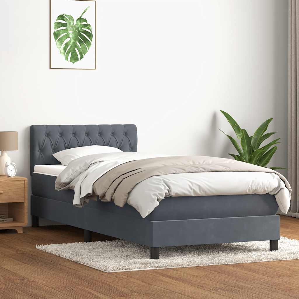 vidaXL Κρεβάτι Boxspring με Στρώμα & LED Σκούρο Γκρι 90x220 εκ. Βελούδινο