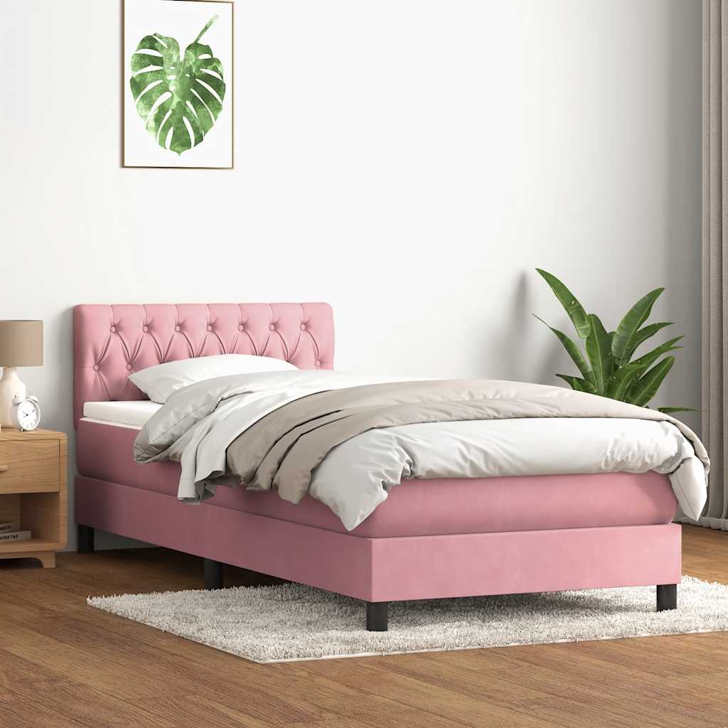 vidaXL Κρεβάτι Boxspring με Στρώμα & LED Ροζ 90x220 εκ. Βελούδινο