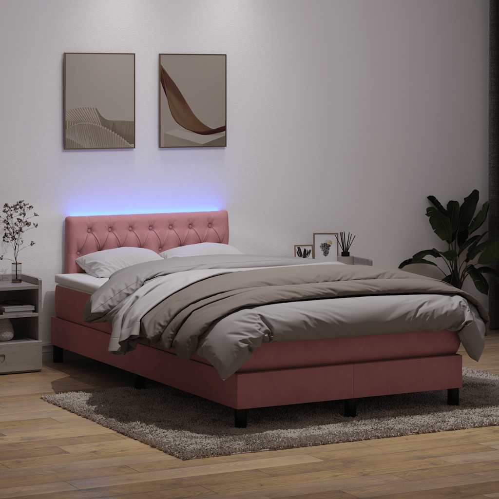 vidaXL Κρεβάτι Boxspring με Στρώμα & LED ροζ 120x220 cm Βελούδινο