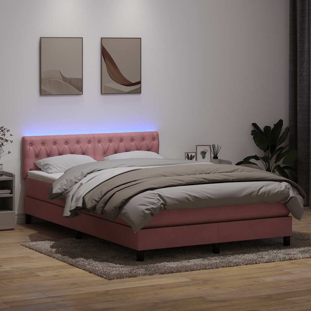 vidaXL Κρεβάτι Boxspring με Στρώμα & LED ροζ 140x220 cm Βελούδινο