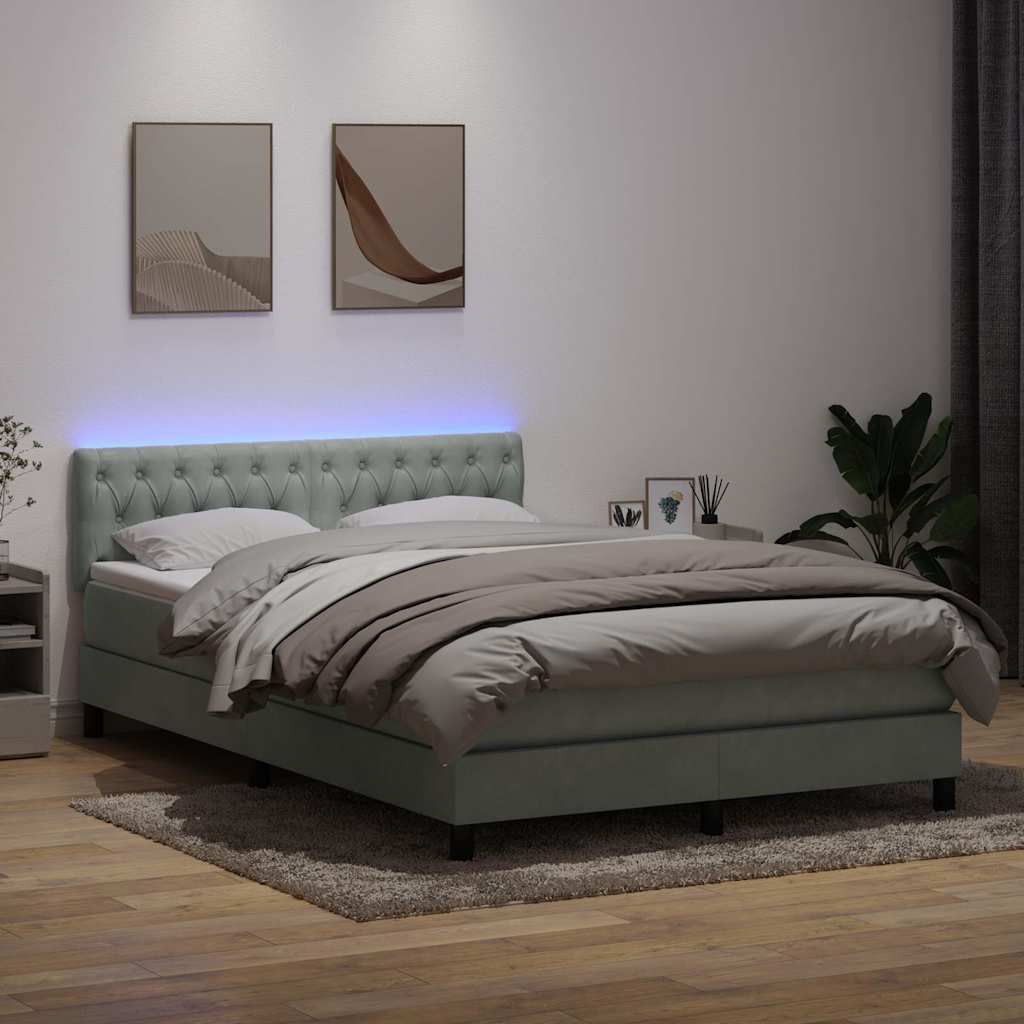 vidaXL Κρεβάτι Boxspring με Στρώμα & LED Ανοιχτό Γκρι 160x220 εκ. Βελούδινο