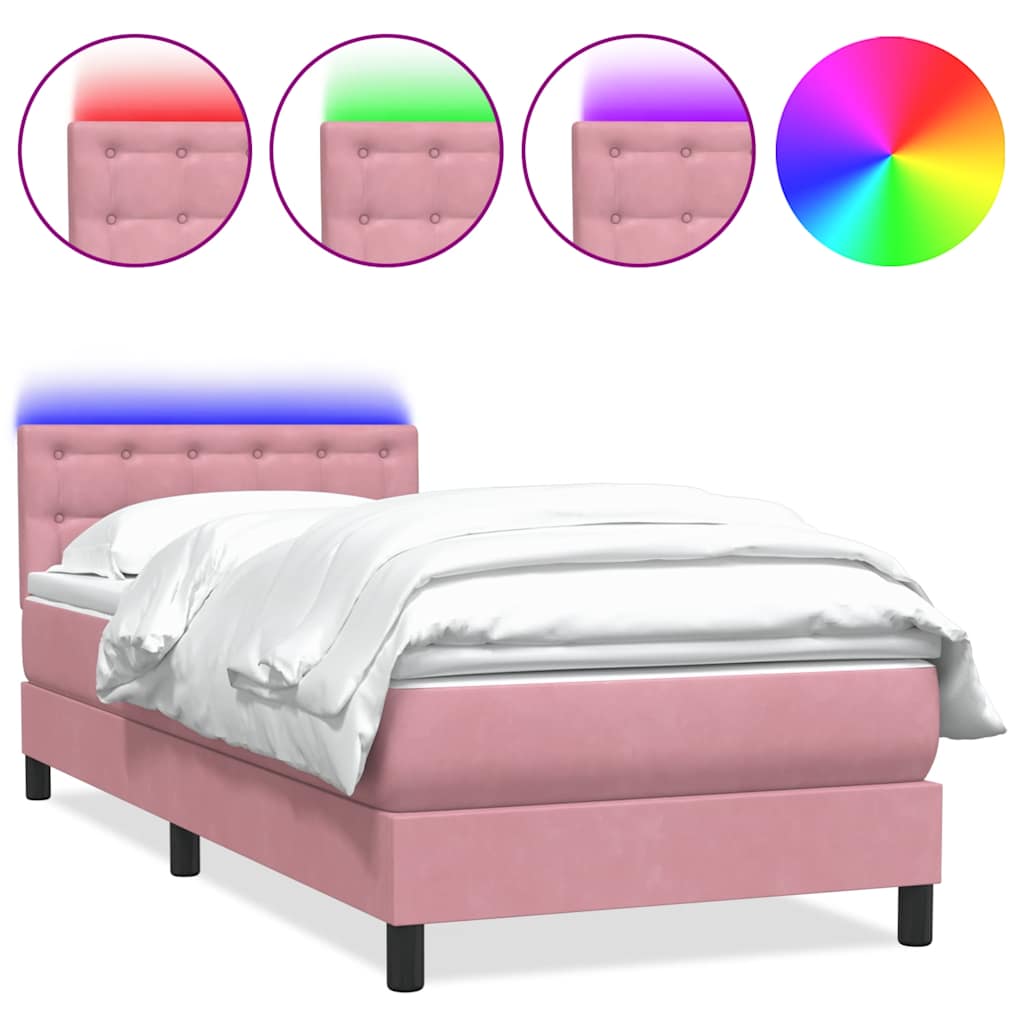 vidaXL Κρεβάτι Boxspring με Στρώμα & LED ροζ 90x210 εκ. Βελούδινο