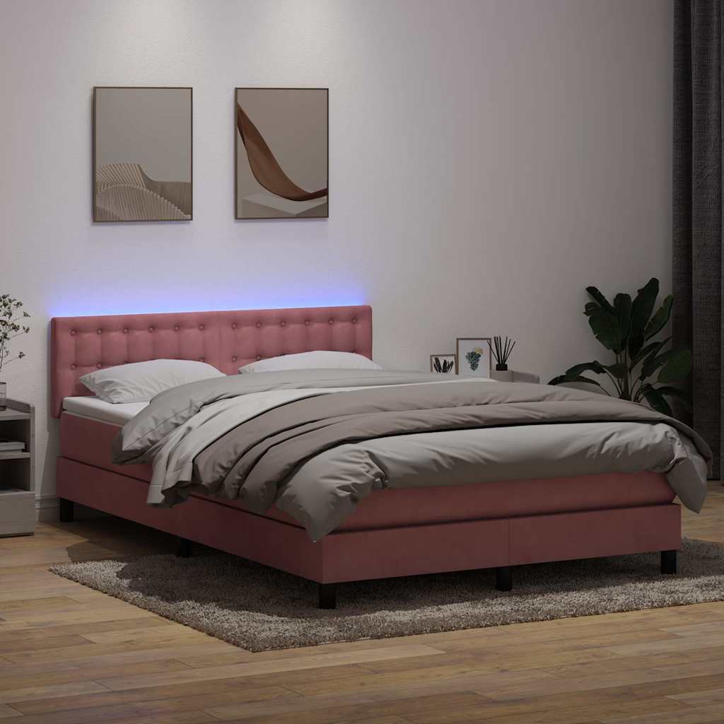 vidaXL Κρεβάτι Boxspring με Στρώμα & LED Ροζ 140x210 εκ. Βελούδινο