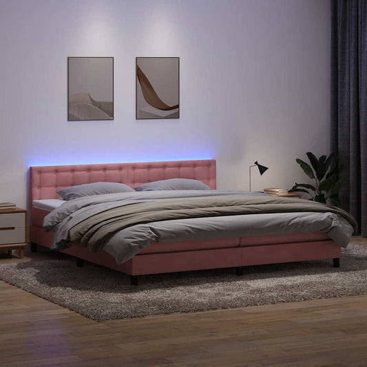 vidaXL Κρεβάτι Boxspring με Στρώμα & LED Ροζ 180x210 εκ. Βελούδινο