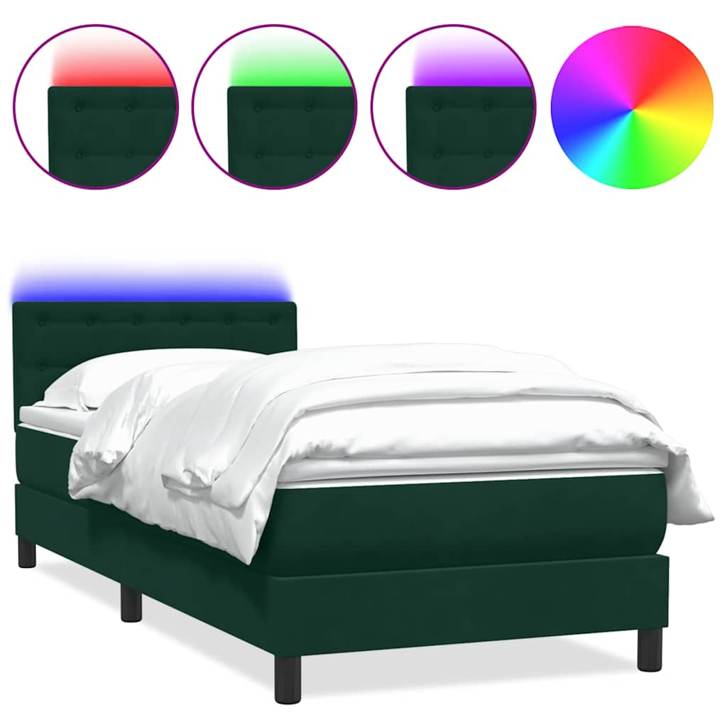 vidaXL Κρεβάτι Boxspring με Στρώμα & LED σκούρο πράσινο 80x220εκ. Βελούδινο